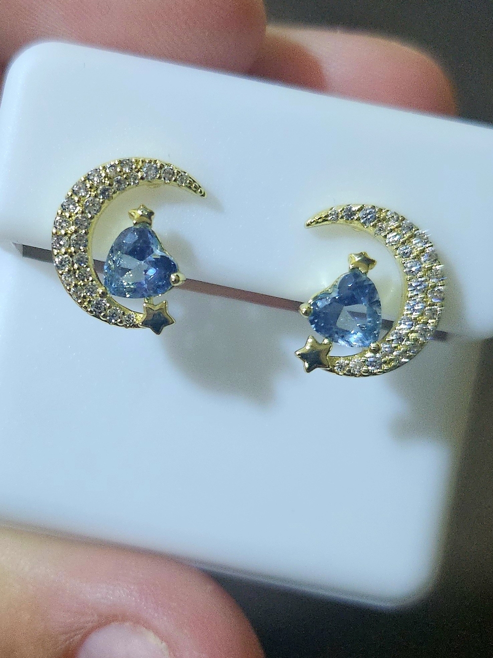 Gold Moon & Blue Heart Crystal Stud Earrings